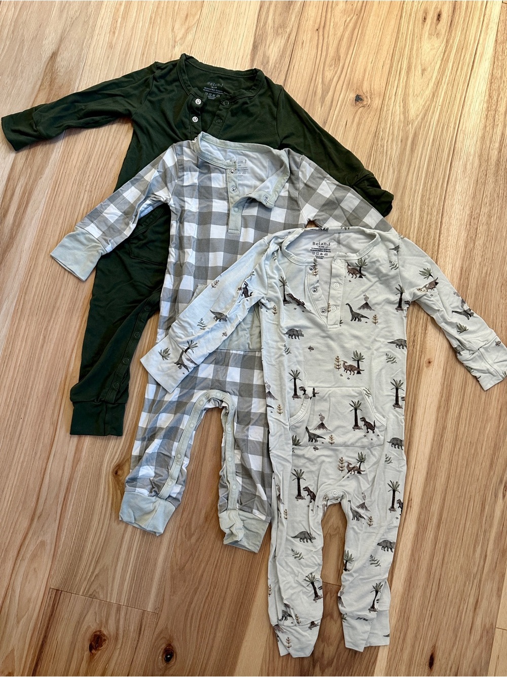 Bundle of Belan J Toddler Boys Pocket Rompers - Forest Green, Dino, Grey Plaid